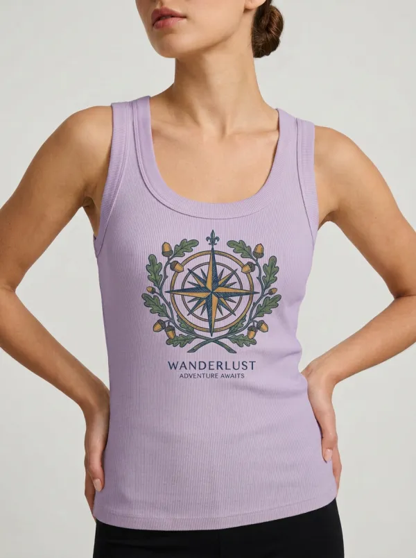 Women's Wanderlust Travel Compass Oak Leaf Printed Tank Top