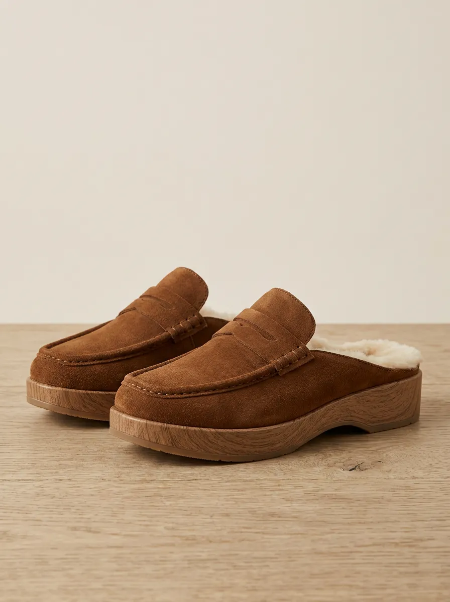 Women's Faux Fur Lined Platform Suede Wood Sole Loafers