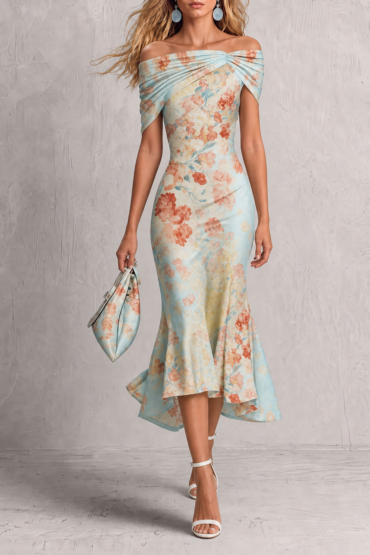 Off Shoulder Ruffle Floral Midi Dress