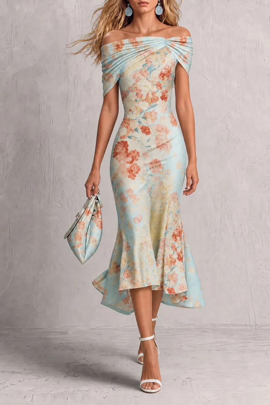 Off Shoulder Ruffle Floral Midi Dress