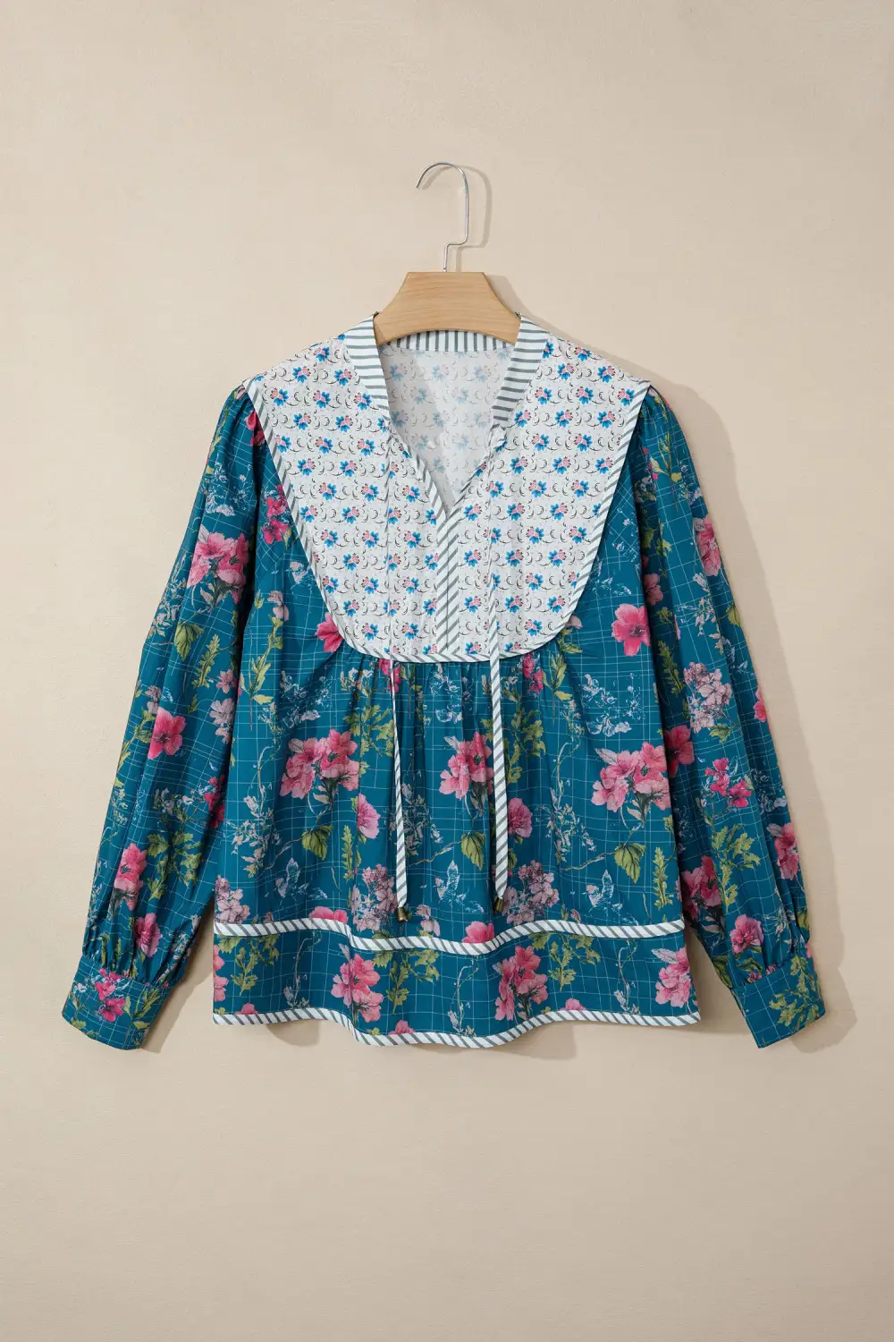 Women's Floral Print Patchwork Puff Sleeve Top