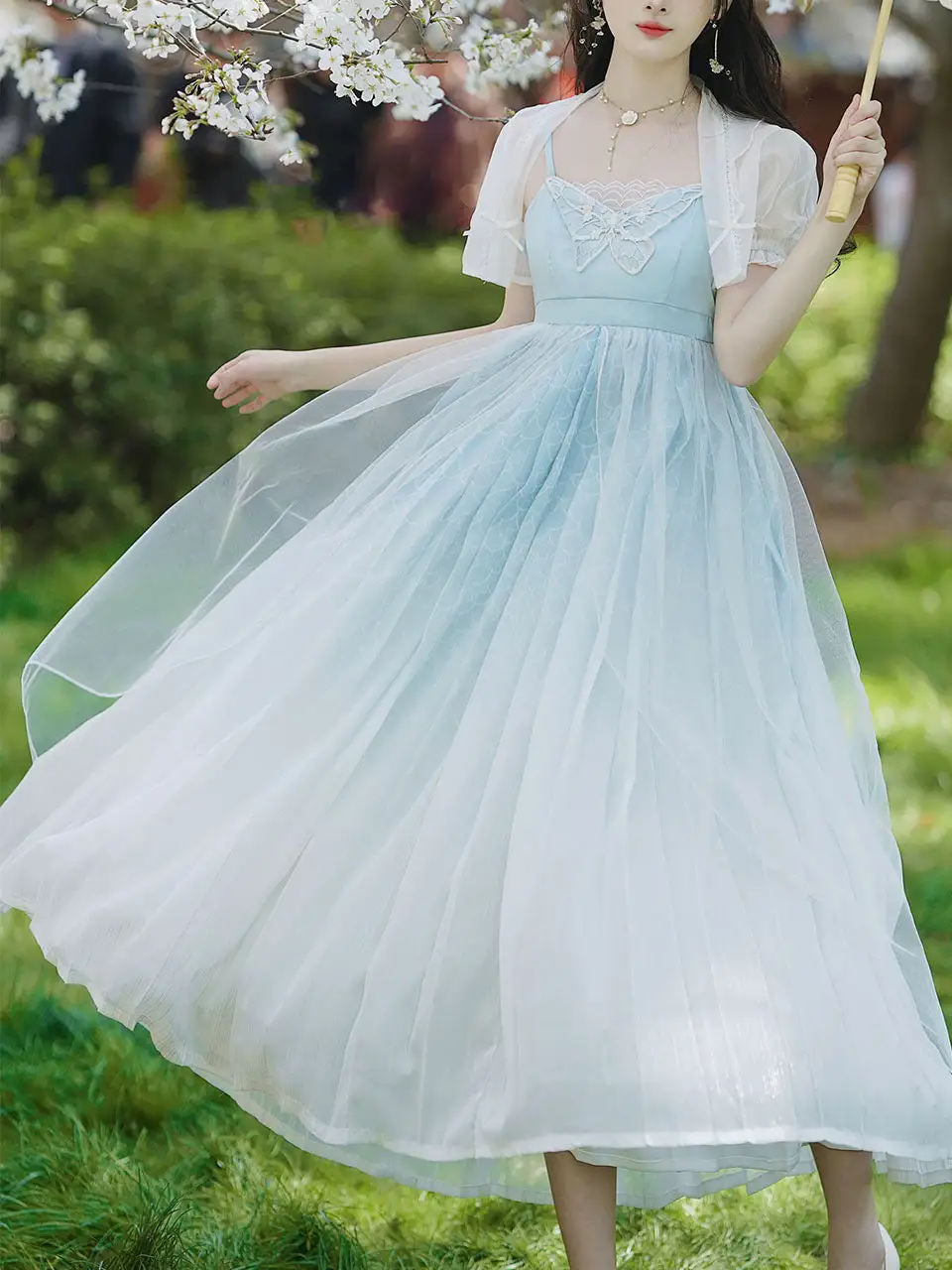 Embroidered Butterfly Puff Long Dress