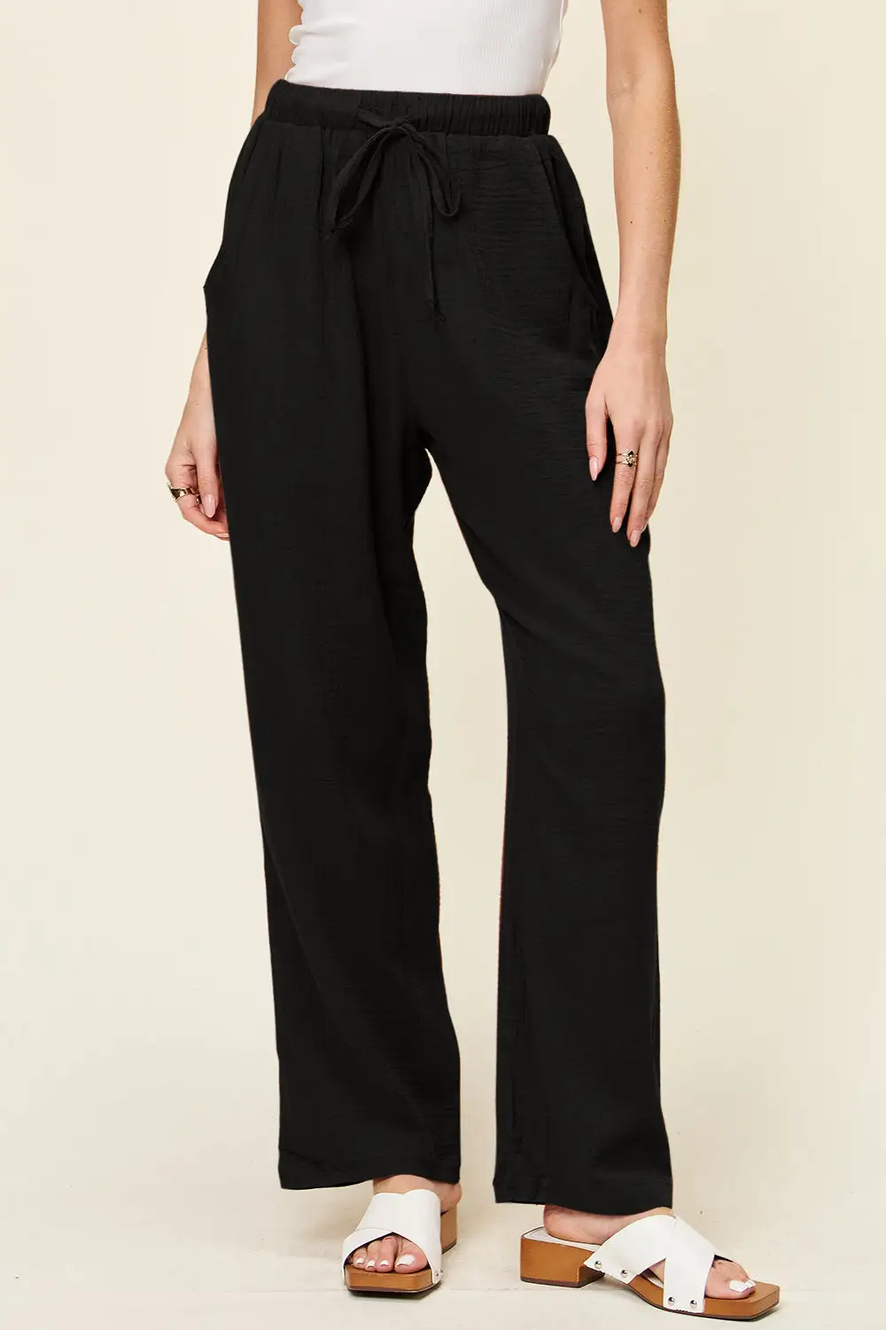 Daily Full Size Texture Drawstring Straight Pants