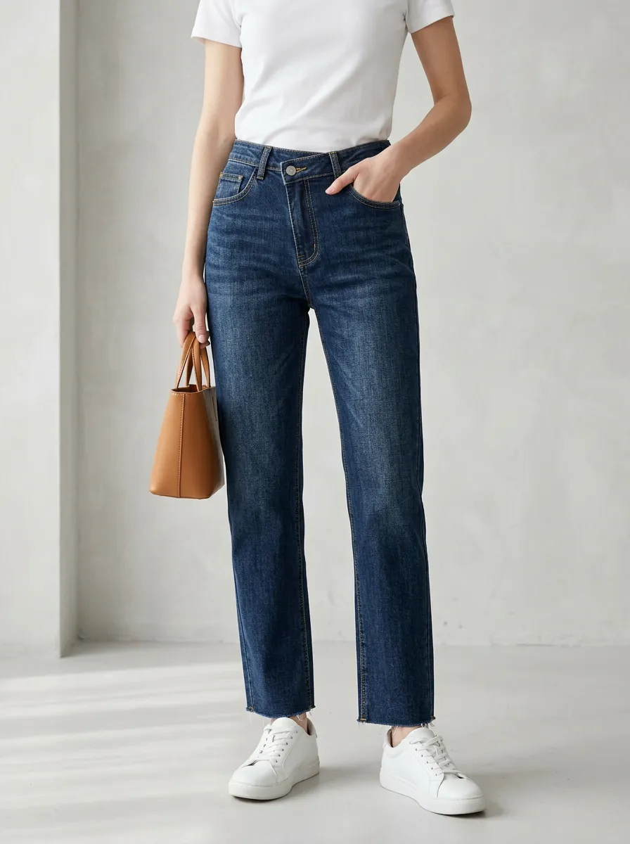 Women's Casual Daily Wear Dark Wash Raw Hem Denim Pants