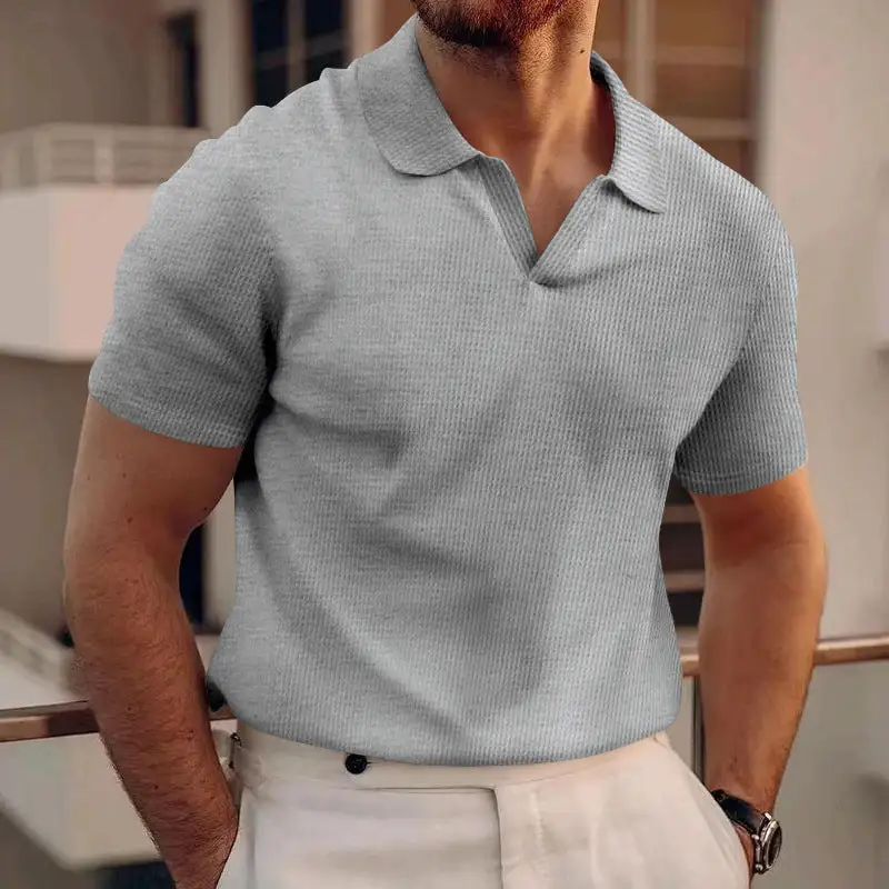 Waffle Texture Open V Neck Short Sleeve Jersey Polo Shirt