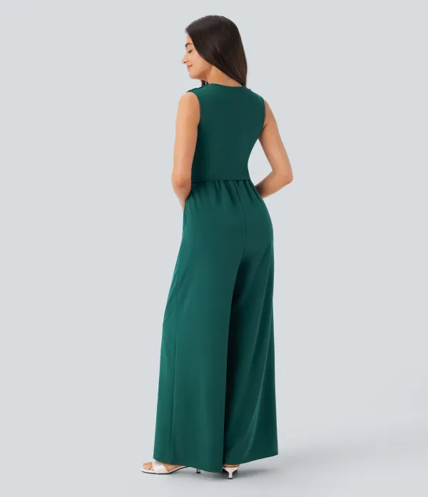 SculptKnit V Neck Sleeveless Ruched Pocket Jumpsuit-Easy Peezy