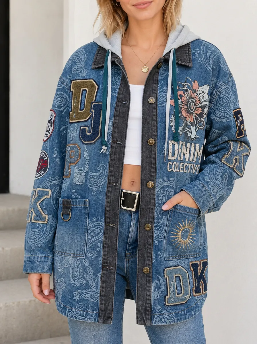 Women's Paisley Patchwork Denim Hooded Printed Jacket