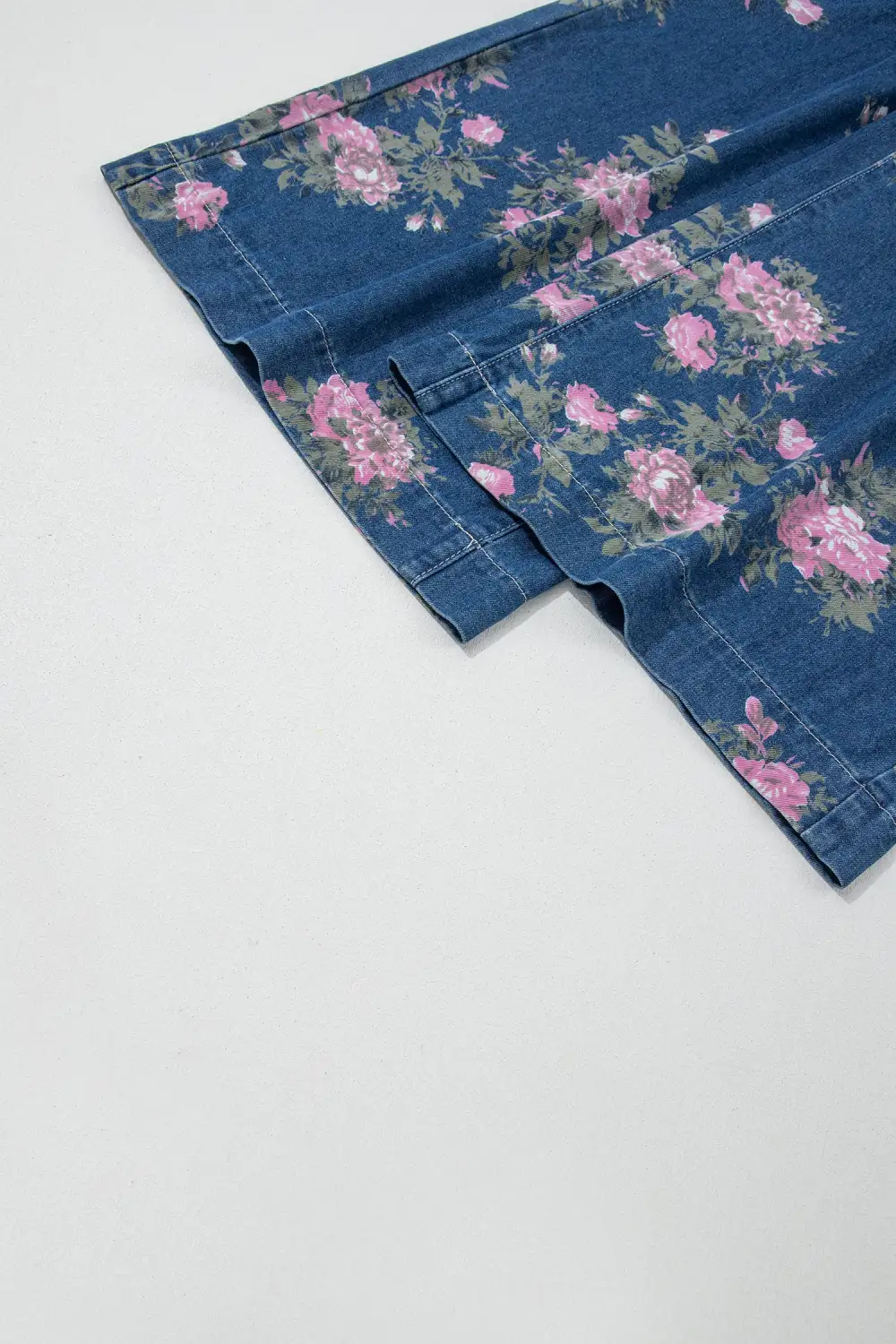 Women's Retro Floral Print Tie Elastic Waist Button Pintuck Wide Leg Jeans