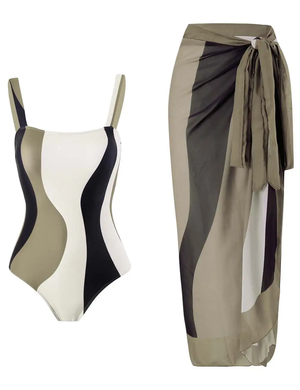 Striped Print One Piece Swimwear with Sarong