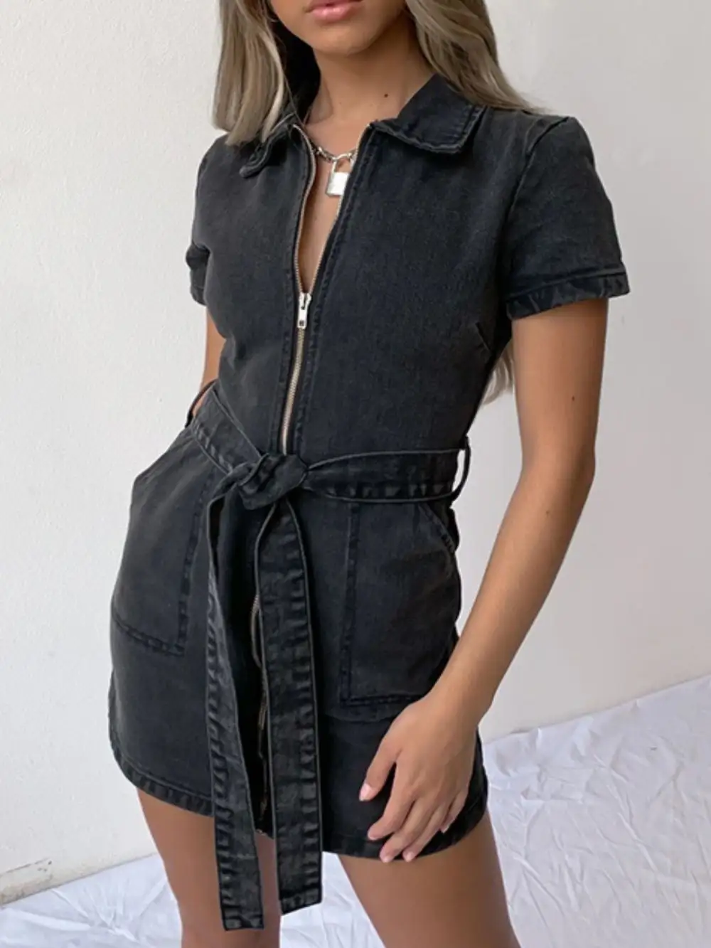 Denim Zip Front Short Sleeve Dress Casual