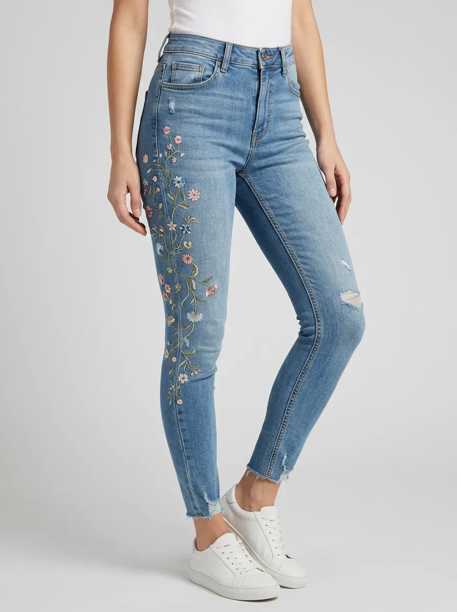 Women's Harbor Floral Embroidered Distressed Slim Jeans