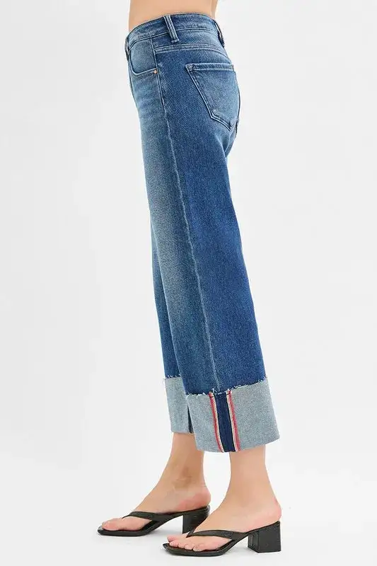 Pocketed Mid Rise Wide Leg Cuffed Denim Jeans
