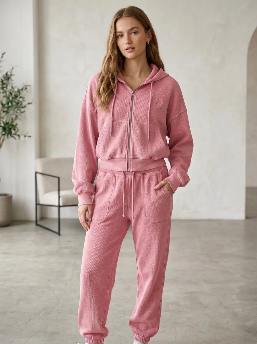 Women's Minimalist Star Embroidered Waffle Knit Zip-up Hoodie Jogger Set
