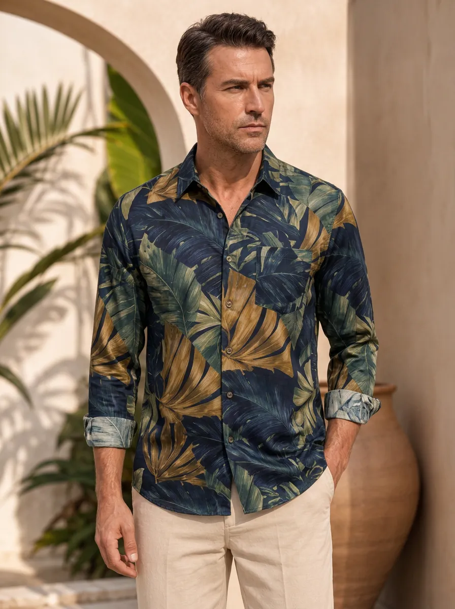 Men's Oversized Tropical Leaf Print Long Sleeve Shirt