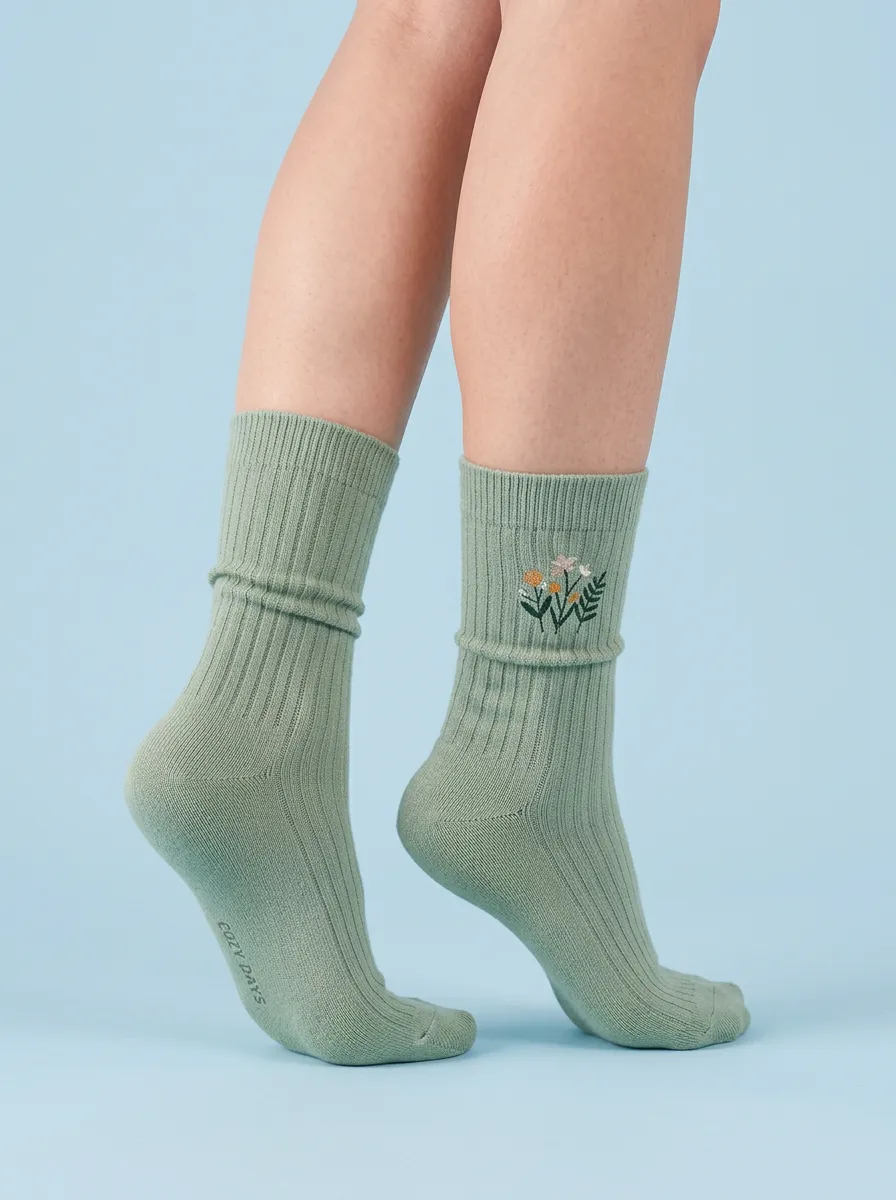 Ribbed Embroidered Botanical Casual Socks