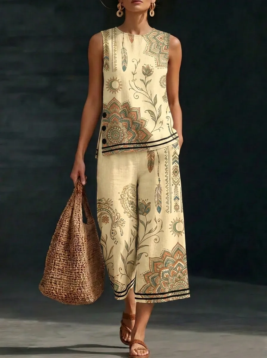 Women's Boho Mandala Feather Printed Sleeveless Set