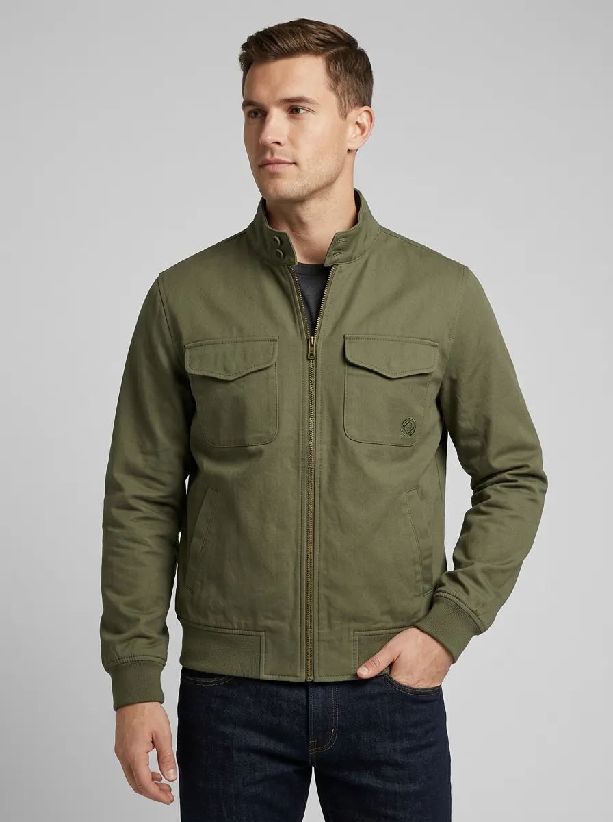 Men's Military Style Olive Green Zip-Up Utility Jacket