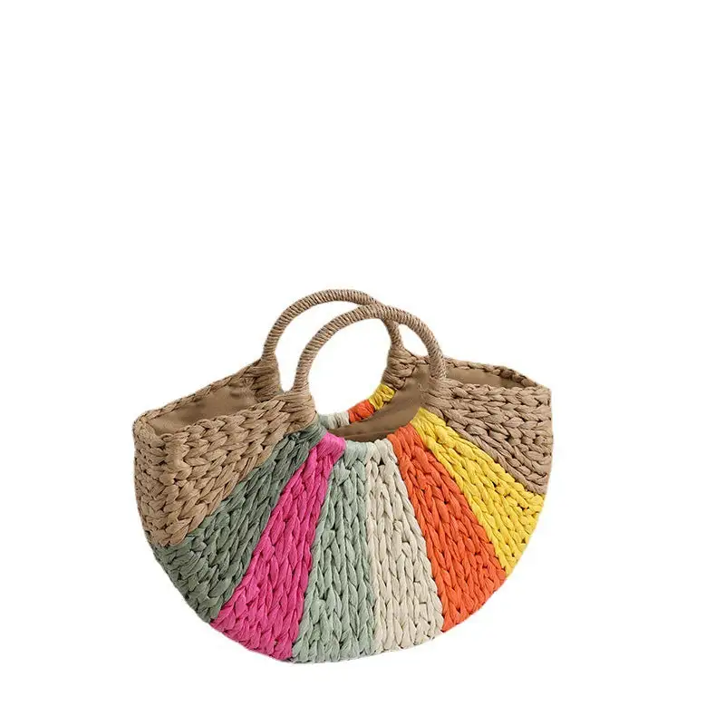 Handwoven Rainbow Straw Bag Half-moon Tote Beach Vacation