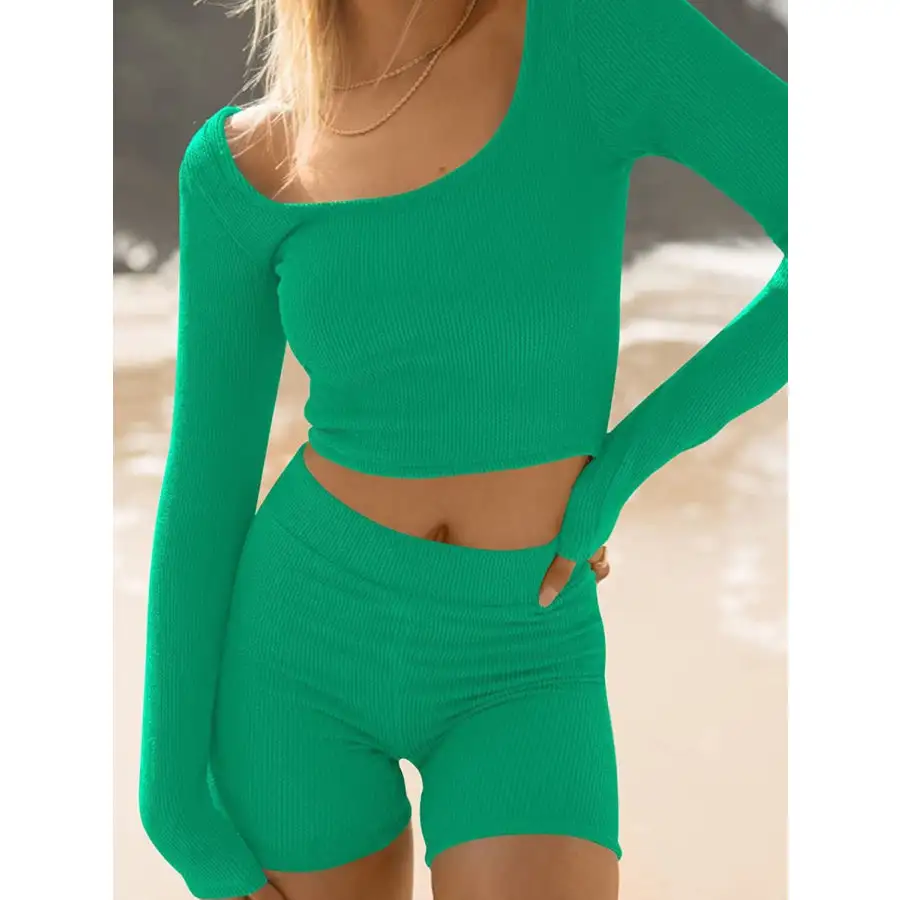 Scoop Neck Long Sleeve Top and Shorts Set