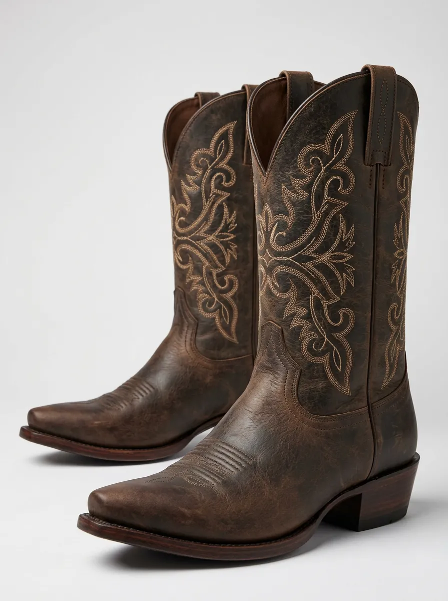 Men's Western Cowboy Embroidered Brown Leather Cowboy Boots
