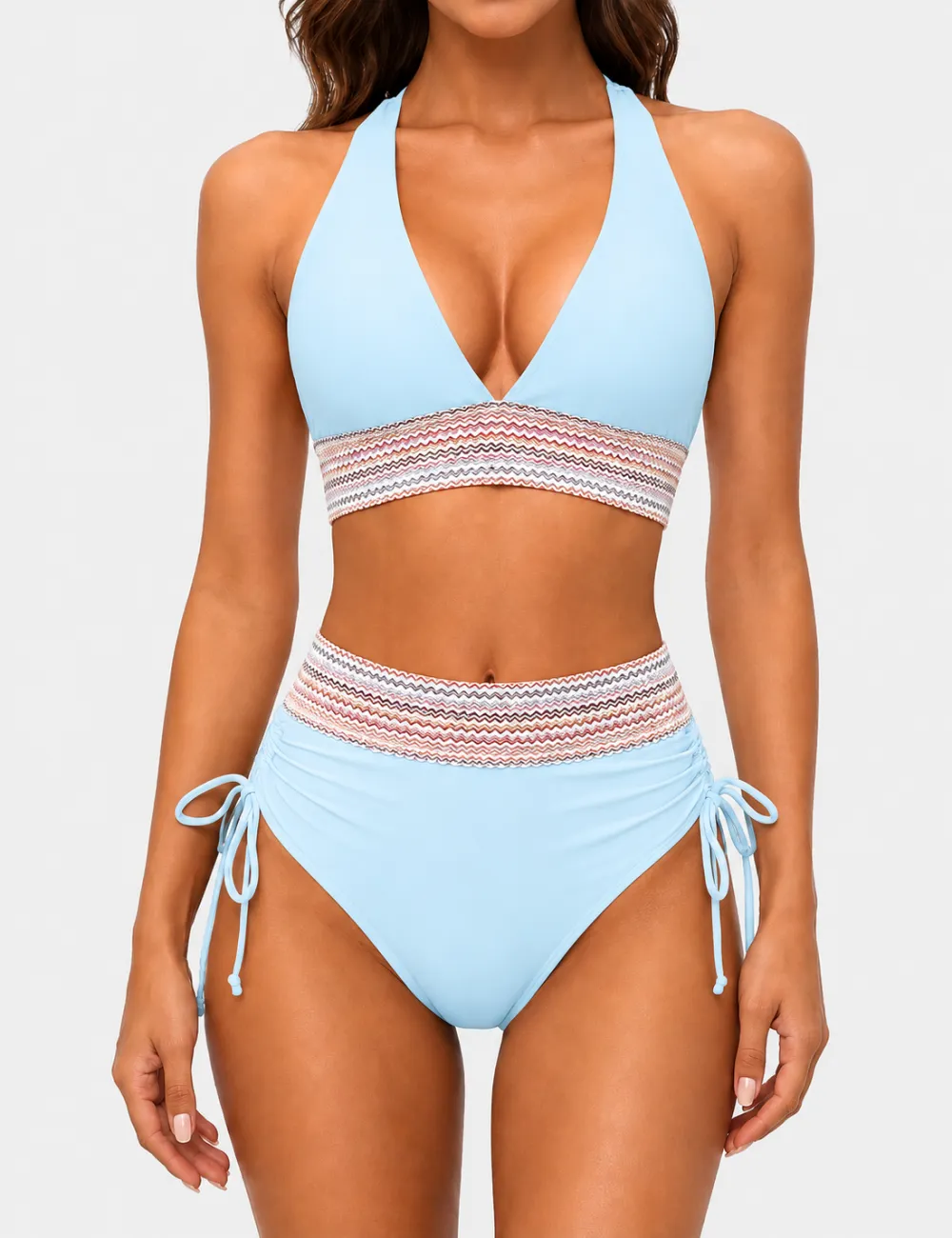 Deep V Neck Colorful Zigzag Smocked Trim Bikini Set