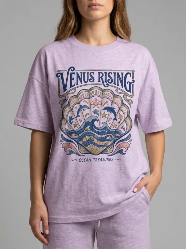 Women's Venus Rising Ocean Seashell Dolphin Graphic T-Shirt