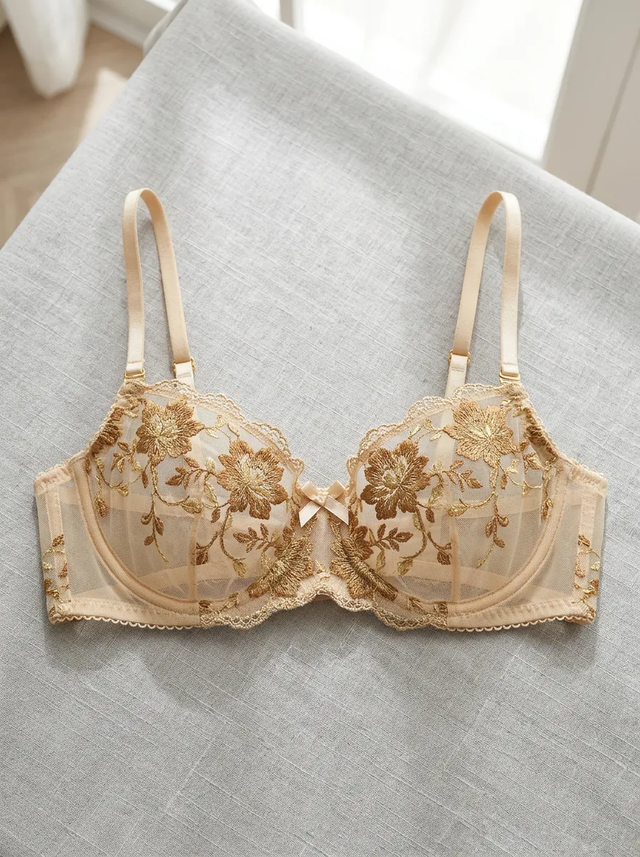 Women's Floral Lover Gold Embroidery Sheer Printed Bra