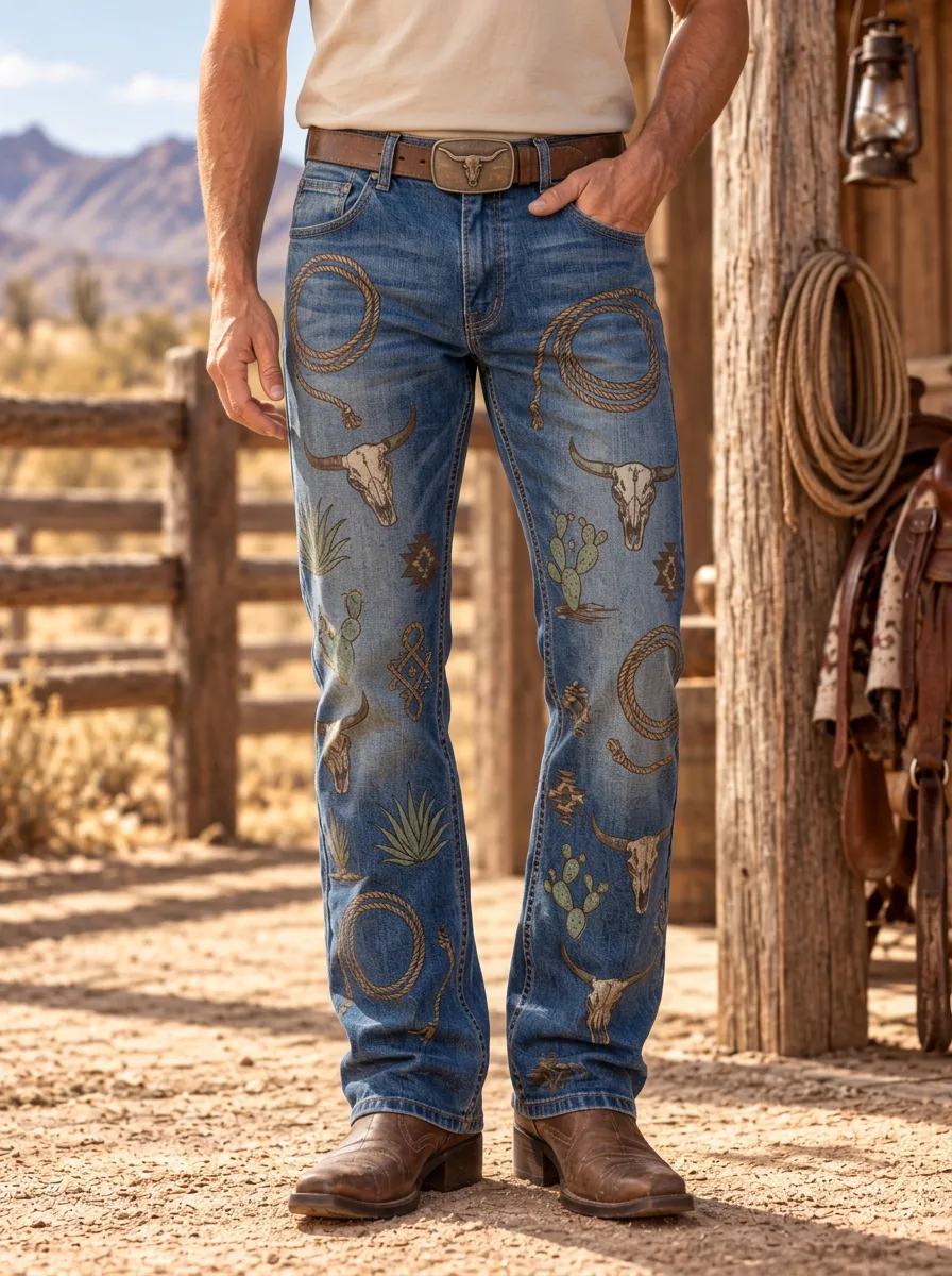 Men's Western Cowboy Lasso Cactus Skull Jeans