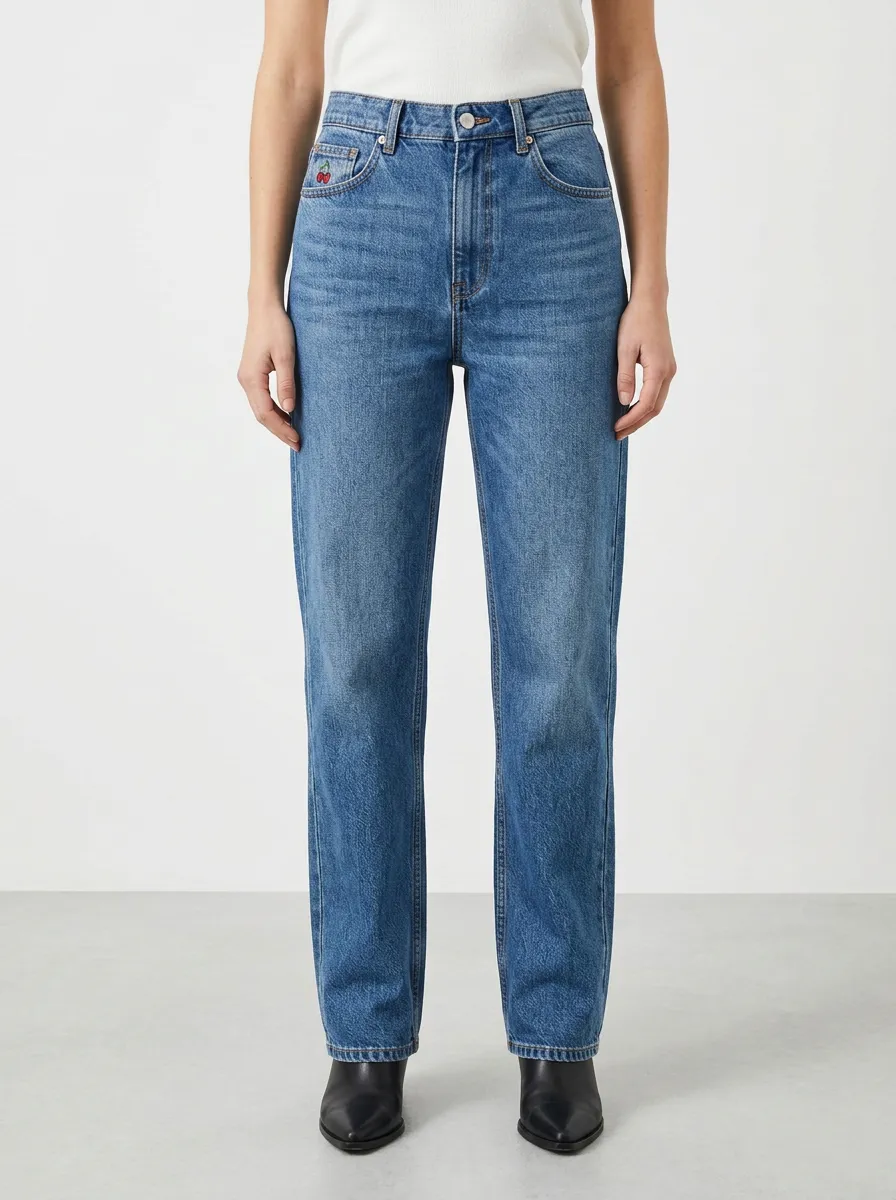 Women's Cherry Embroidered Coin-Pocket High-Rise Straight-Leg Jeans