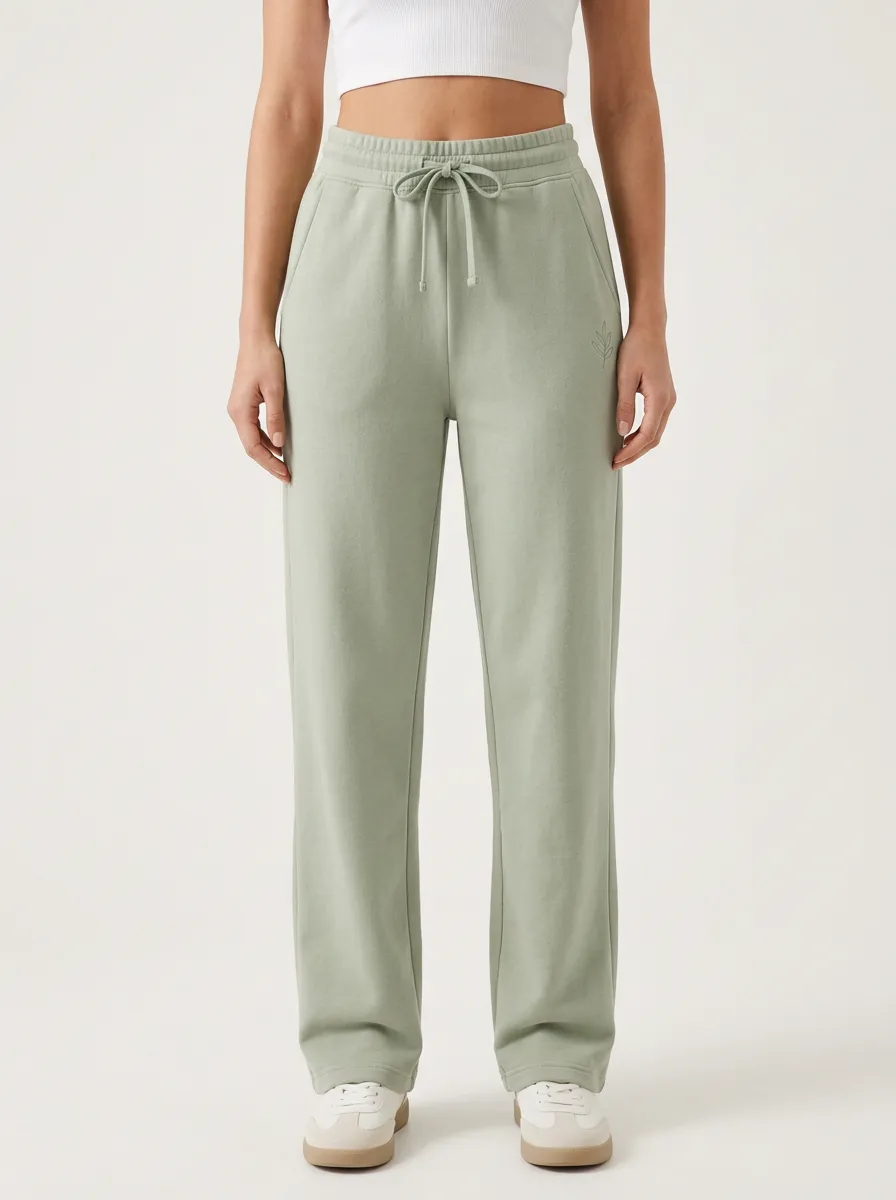 Women's Casual Minimalist Sage Green Leaf Embroidered Sweatpants