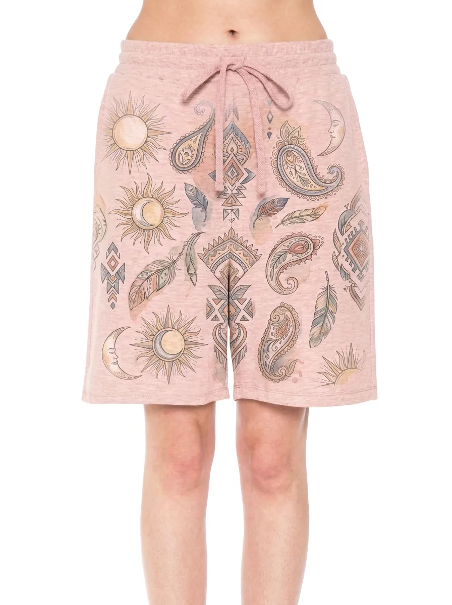 Women's Celestial Boho Sun Moon Feather Paisley Graphic Shorts