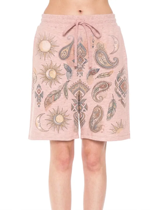 Women's Celestial Boho Sun Moon Feather Paisley Graphic Shorts