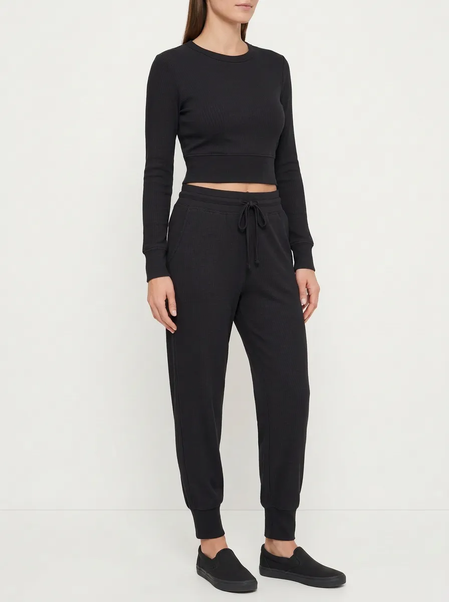 Women's Ribbed Crewneck Crop Top and Tapered Jogger Set