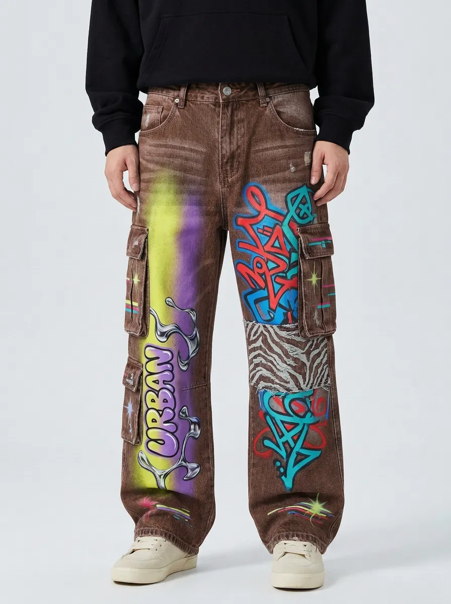 Men's Streetwear Urban Graffiti Print Zebra Pattern Graphic Cargo Jeans