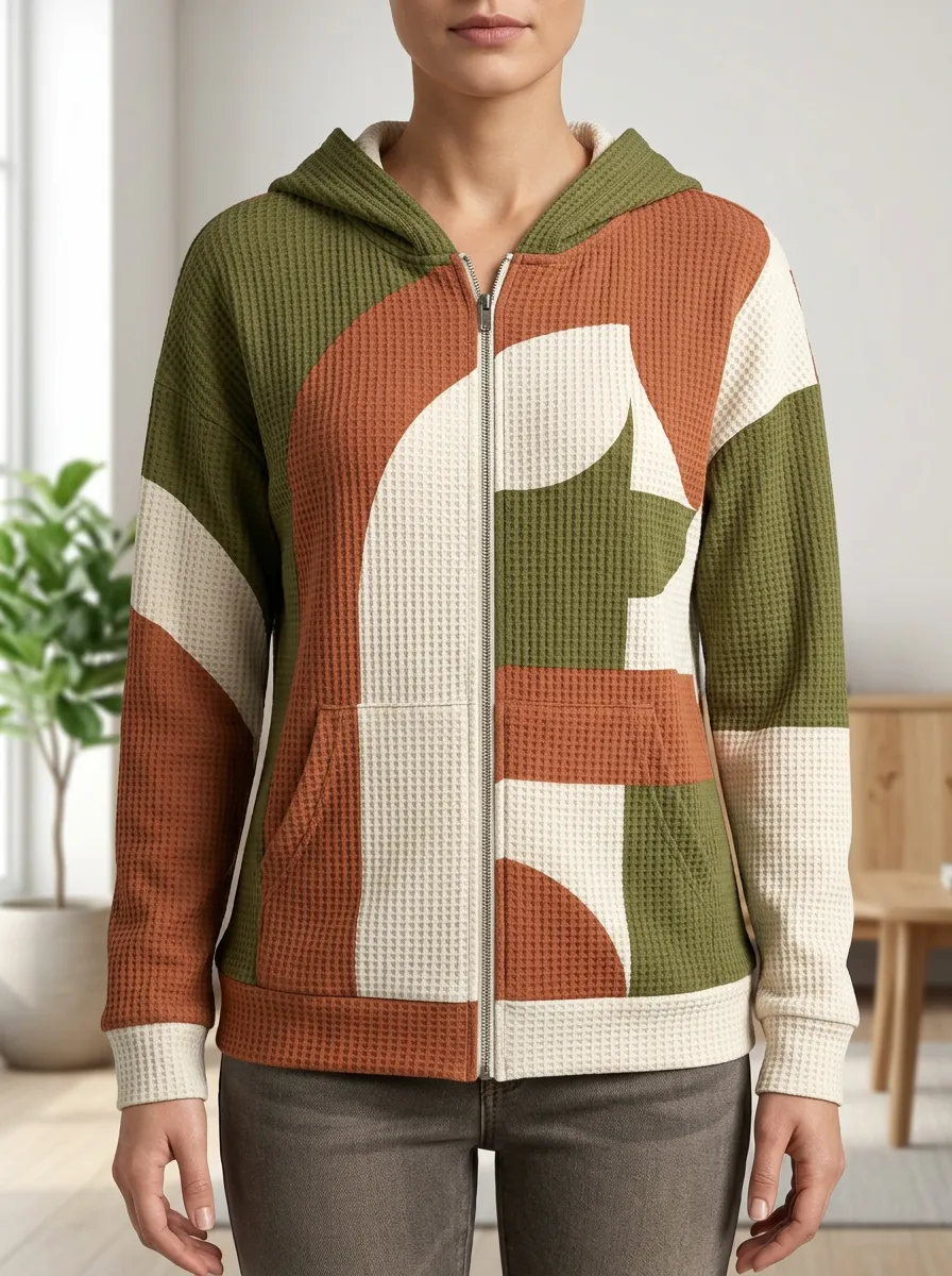 Women's Geometric Colorblock Signature Motif Waffle Zip-Up Hoodie