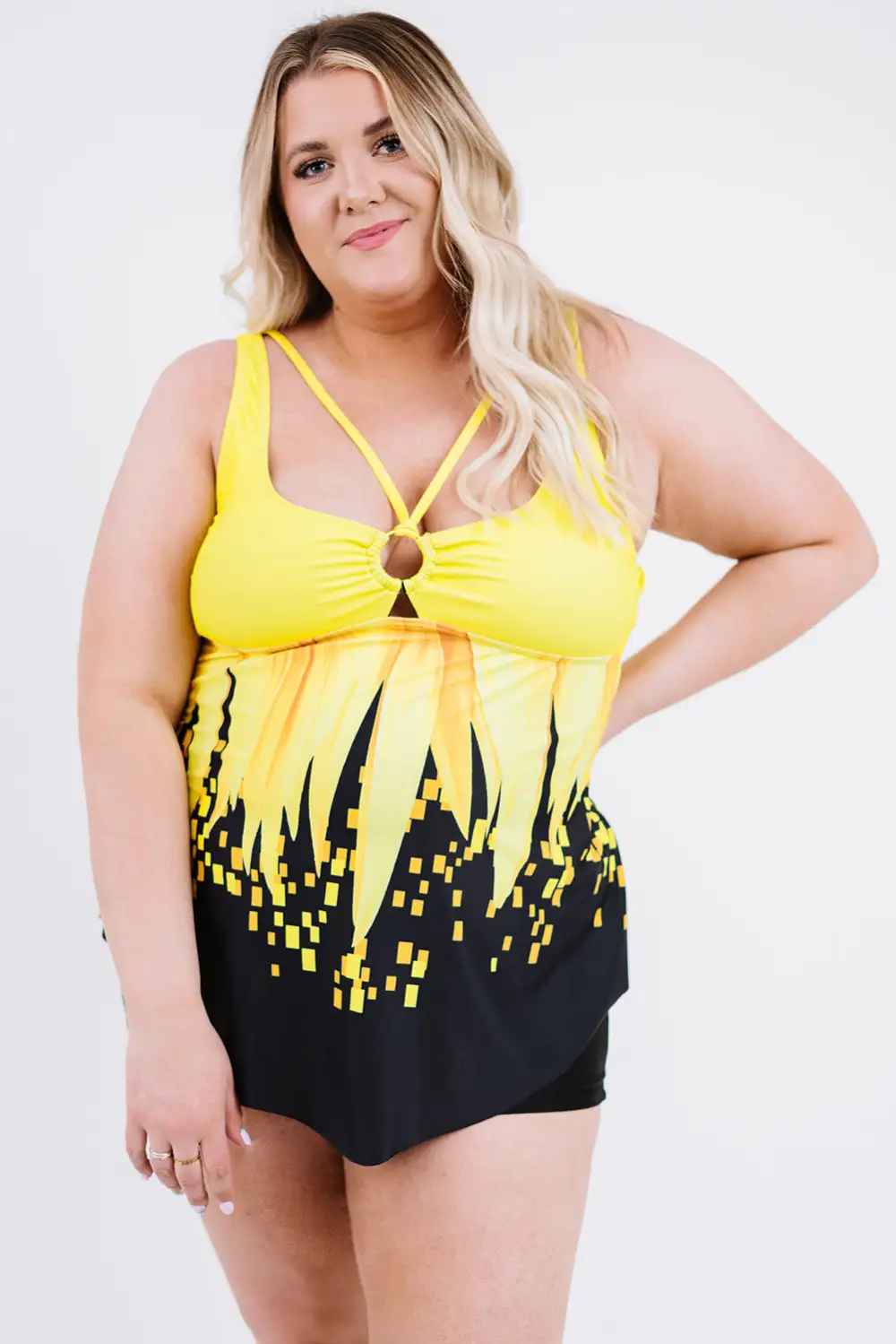 Swimwear Floral Color Block Criss Cross Plus Size Tankini Set