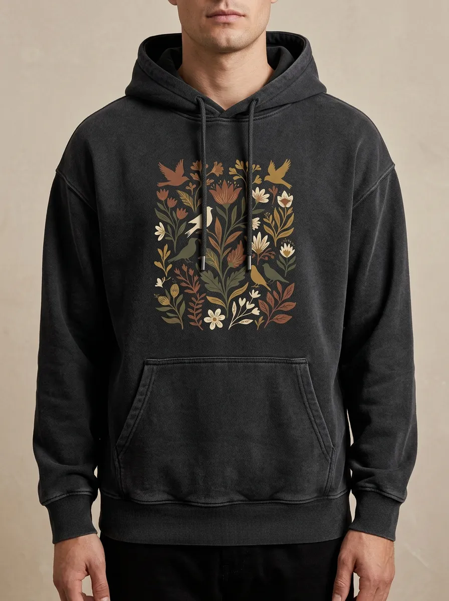 Unisex Nature Lover Botanical Bird Print Hoodie