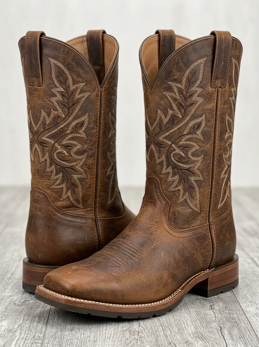 Country Floral Embroidered Leather-Look Style Men's Western Cowboy Boots