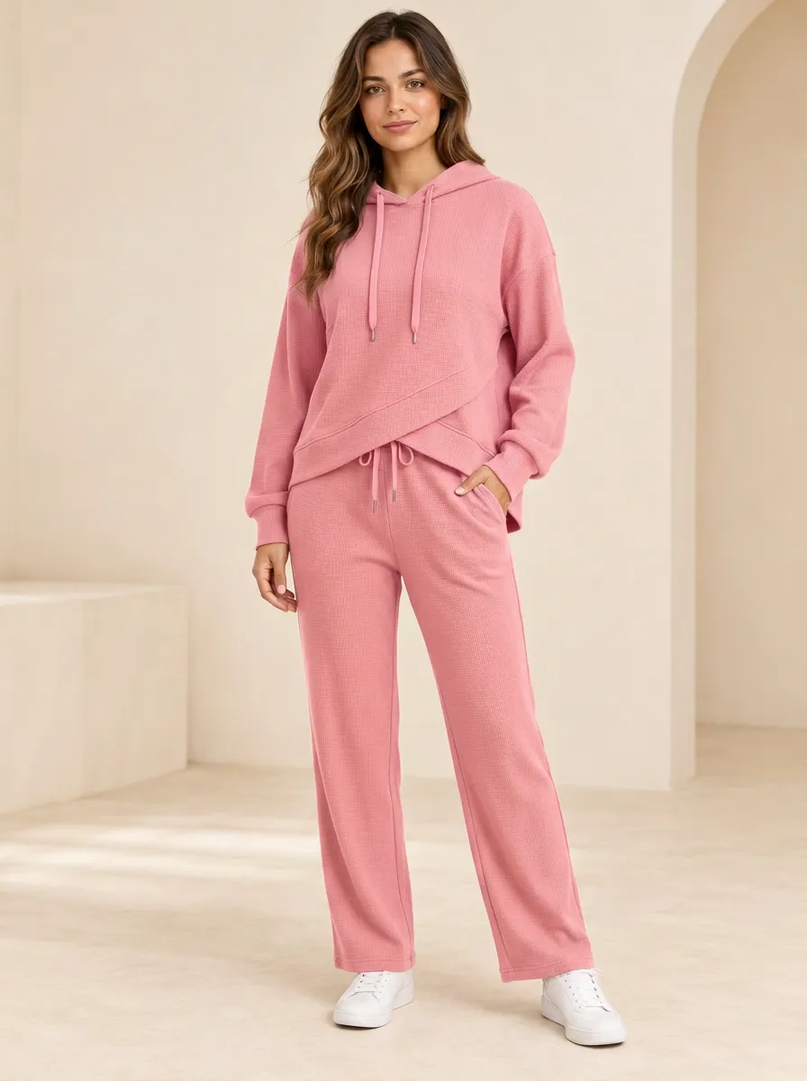 Women's Rust Waffle-Knit Crossover-Hem Hoodie and Straight-Leg Pant Set