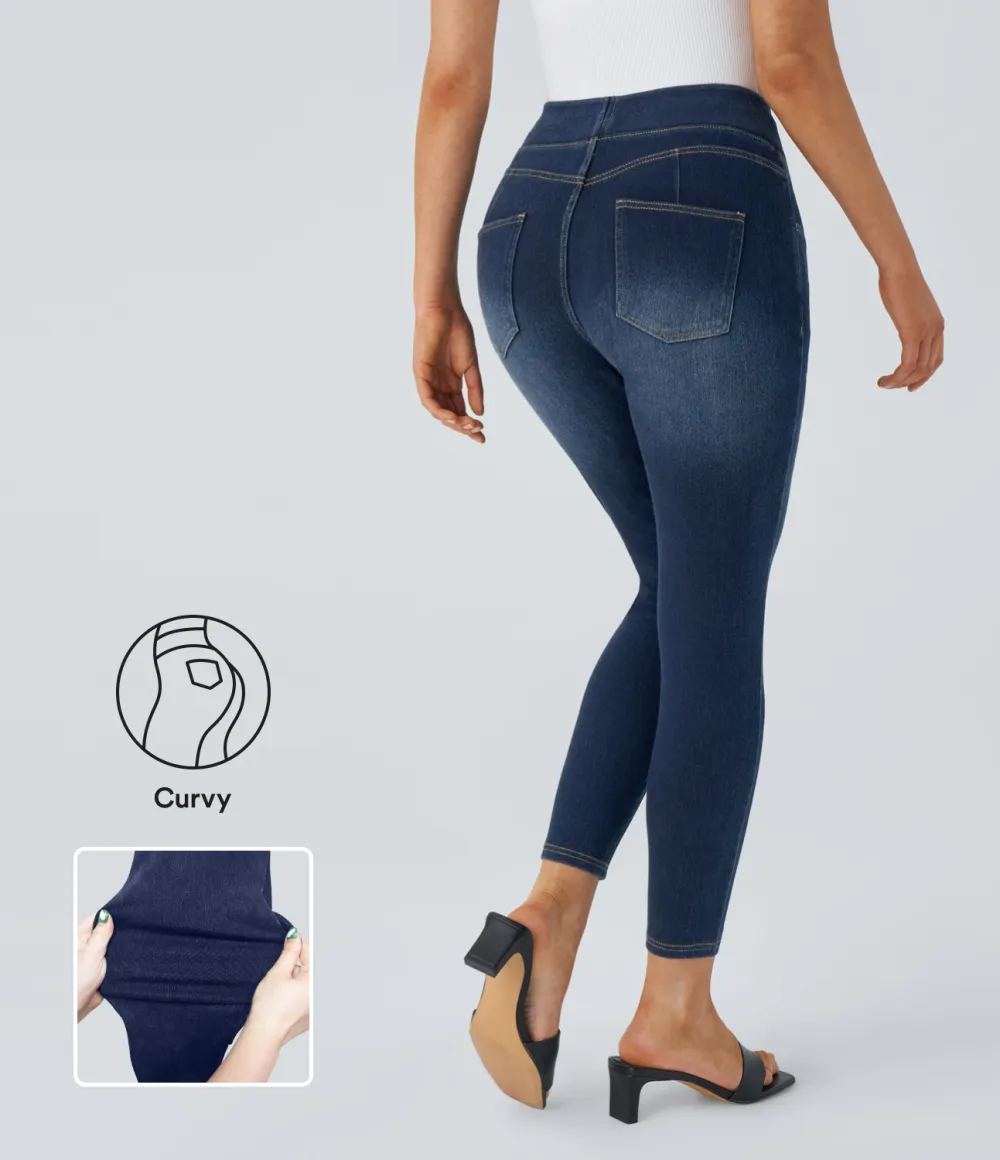 Magic Curvy High Waisted Decorative Button Multiple Pockets Washed Stretchy Knit Casual 7/8 Jeans