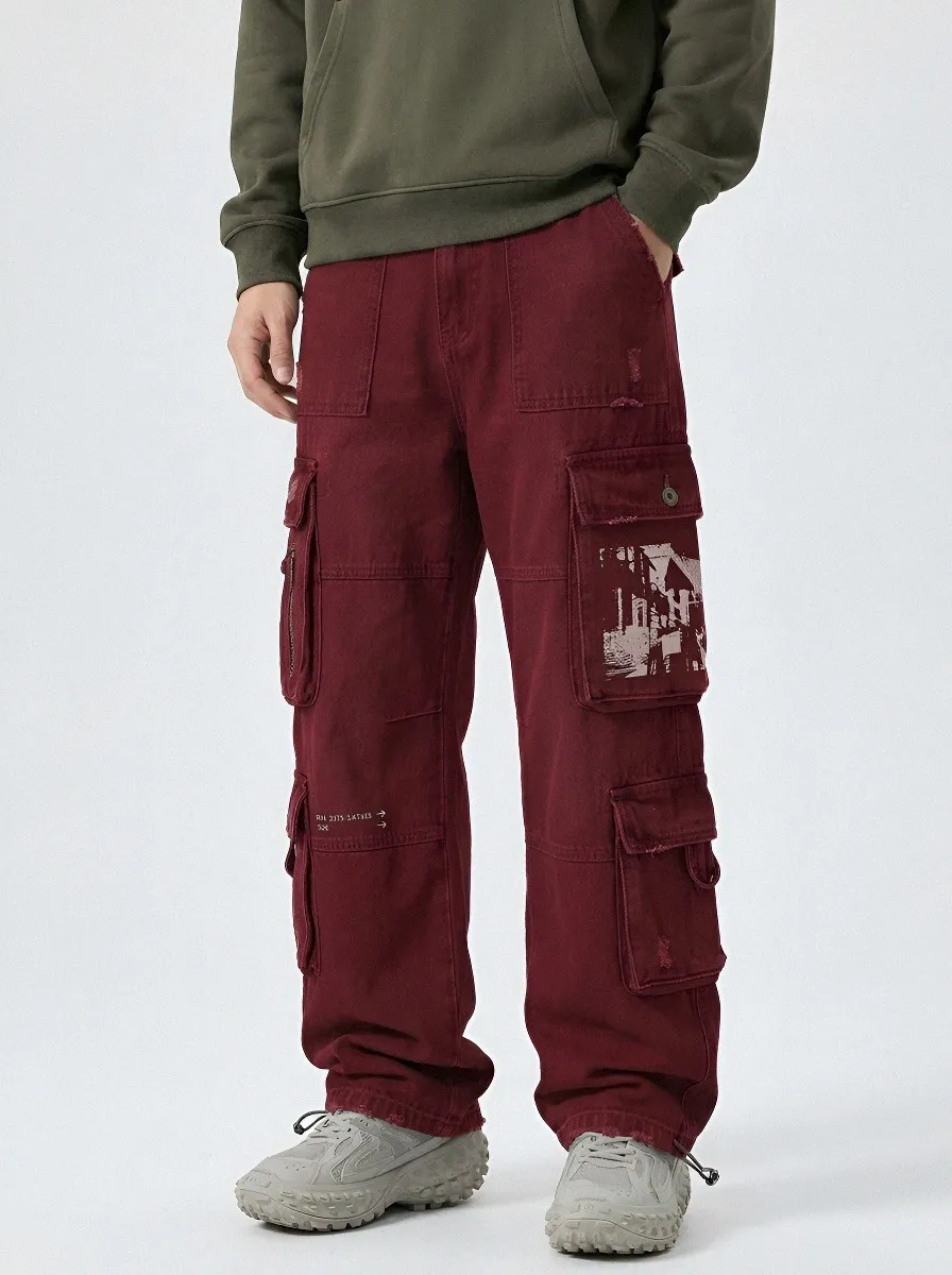 Men's Streetwear Graphic Distressed Cargo Pants