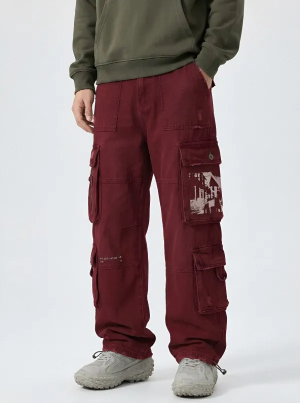 Men's Streetwear Graphic Distressed Cargo Pants
