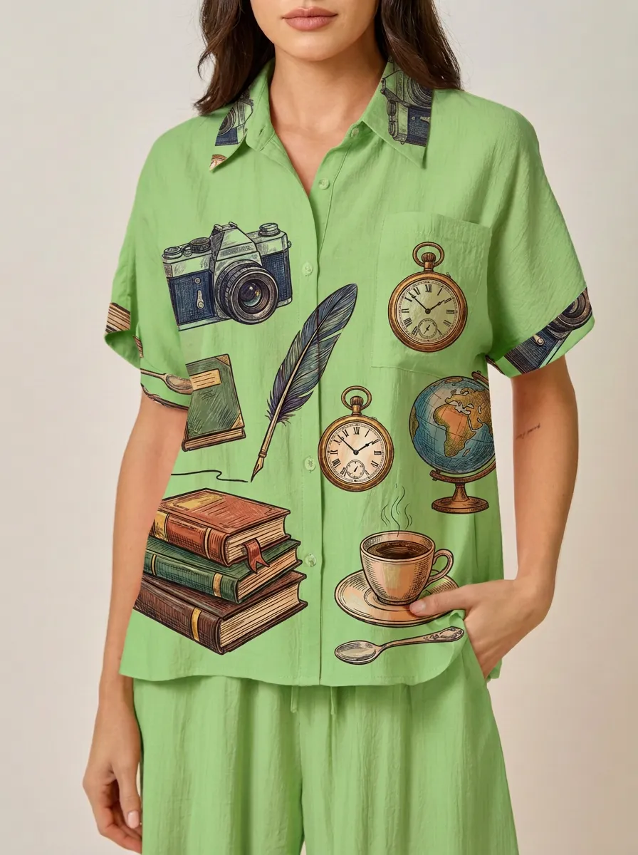 Women's Vintage Hobby Lover Camera Books Printed Shirt