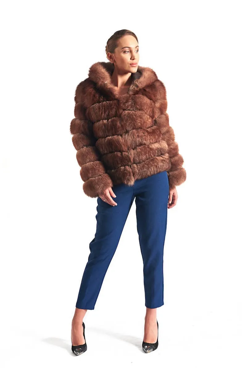 Brown Fox Fur Coat Women's Hooded