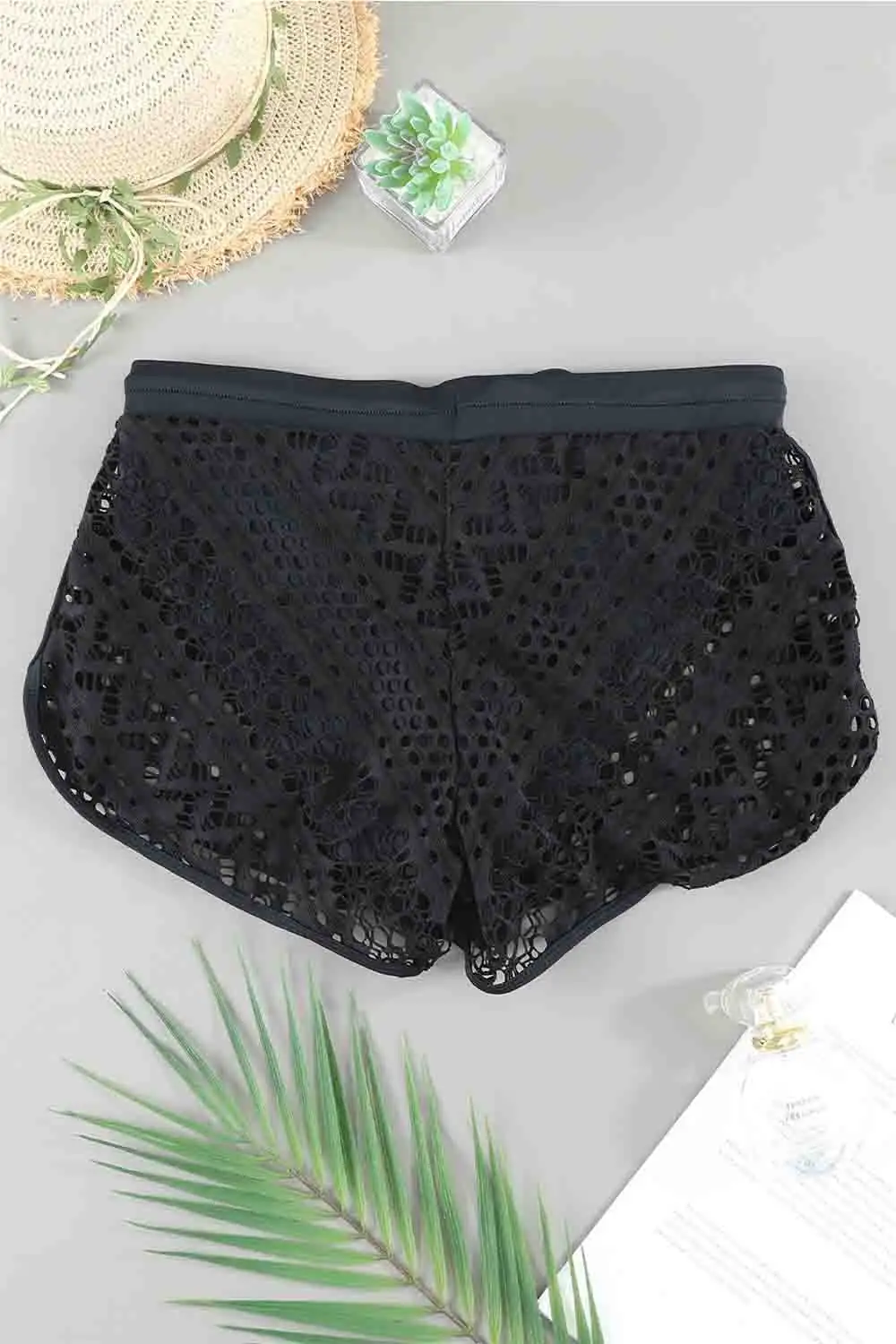 Swimwear Lace Panel Drawstring Waist Plus Size Swim Shorts