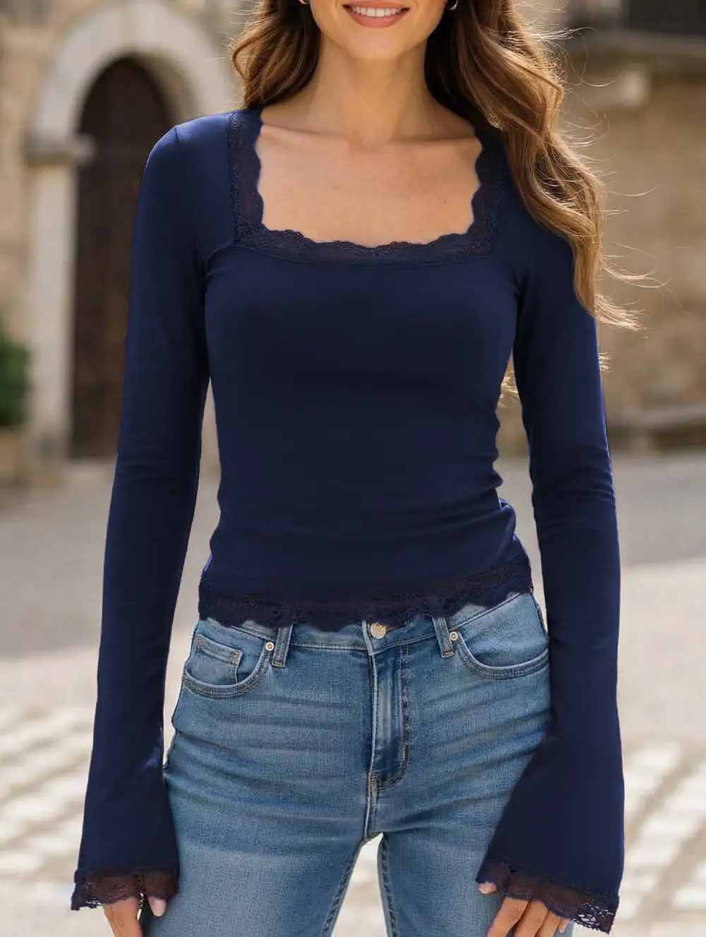 Lace Trim Long Sleeve Slim Top