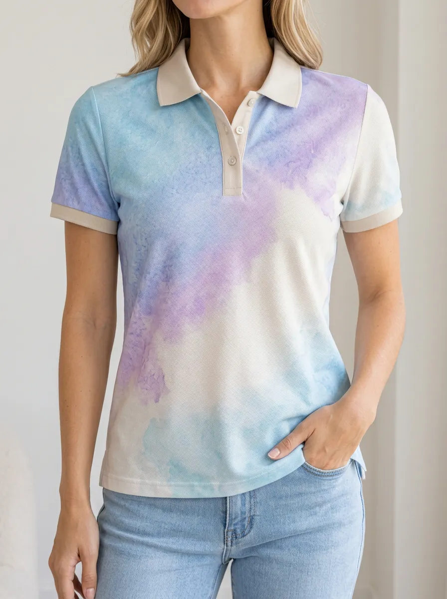 Women's Classic Watercolor Tie-Dye Motif Polo Shirt