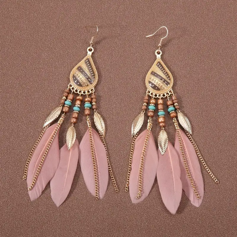 Feather Beaded Tassel Drop Earrings
