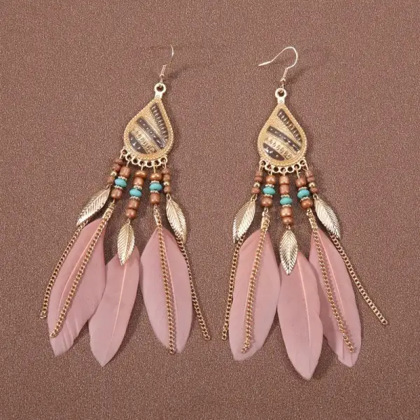 Feather Beaded Tassel Drop Earrings