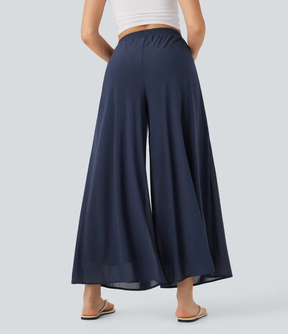 High Waisted Pocket Mesh Overlay Wide Leg Casual Pants